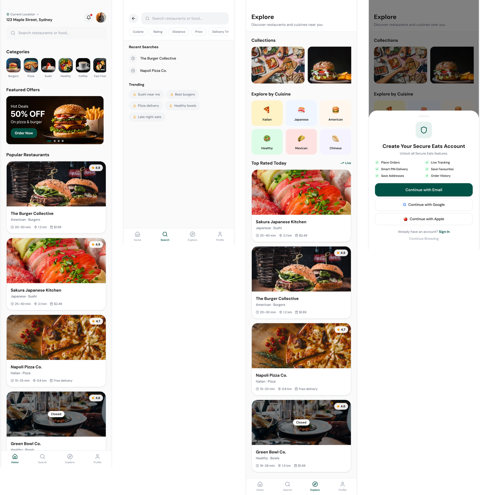 Secure Eats restaurant discovery screens